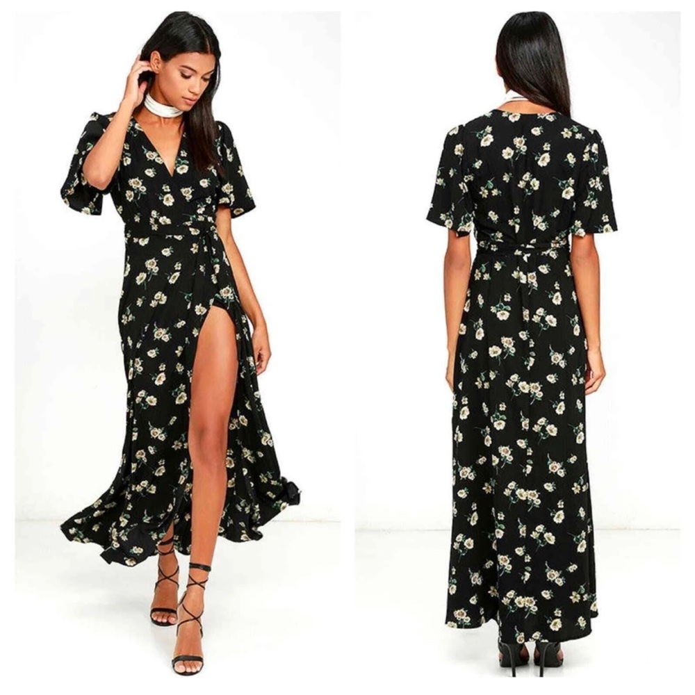 Lulus Italian Garden Black Floral Print Wrap Maxi Dress